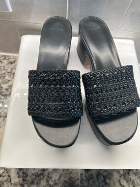 Vince Black Woven Leather Slide Mules